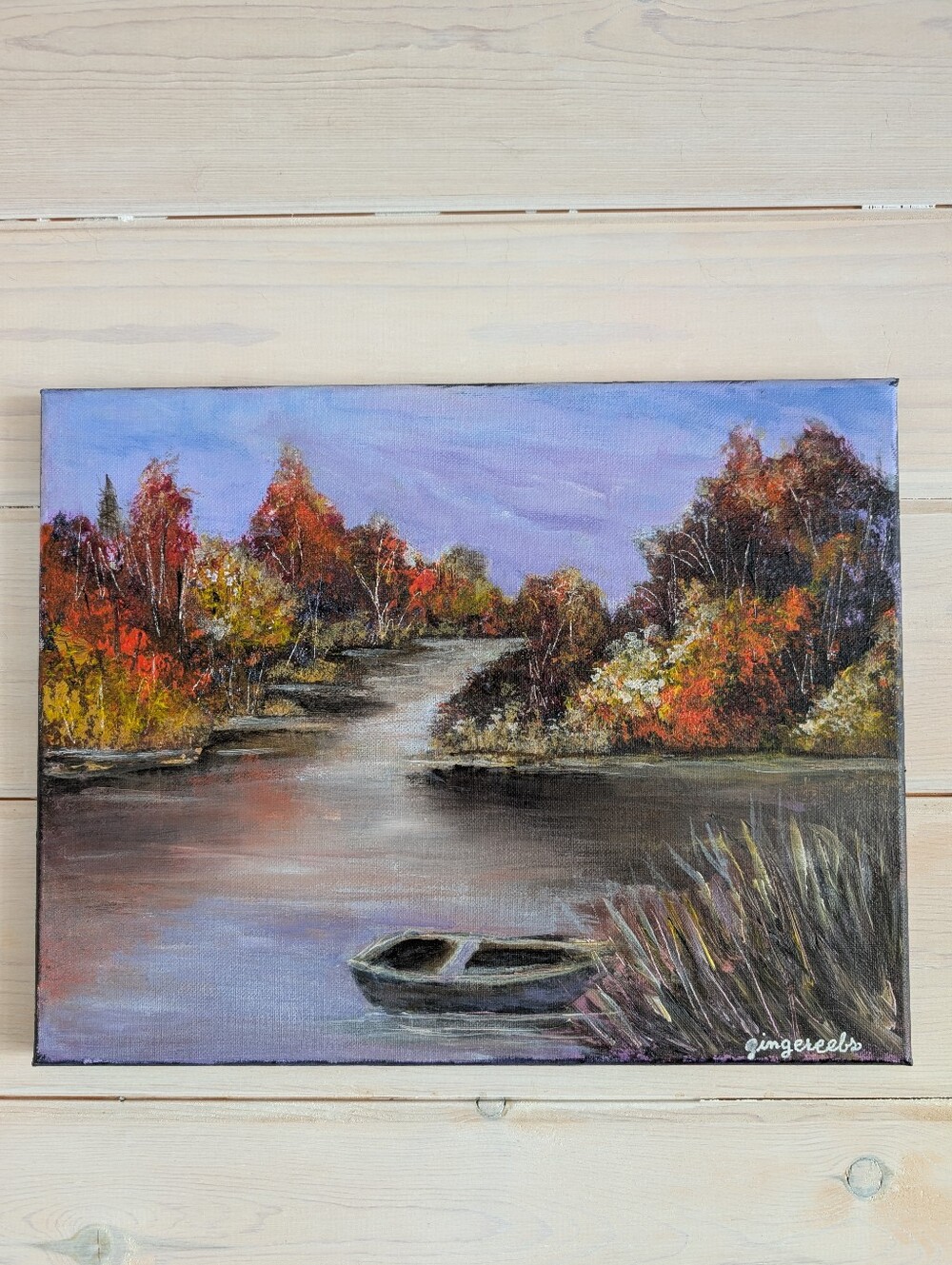 Tranquil Autumn Landscape "Violet Pond" Original Acrylic Painting Artist Signed